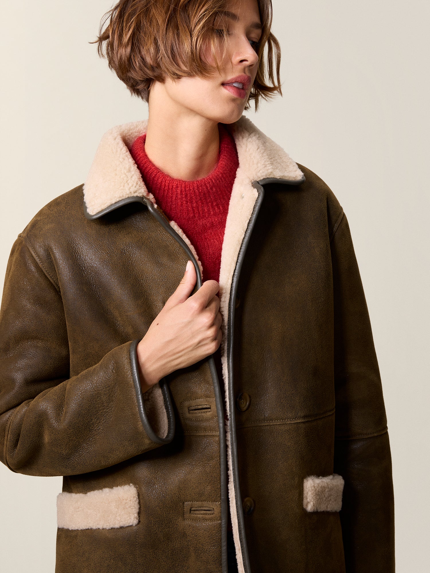 ARUN khaki leather bomber jacket, back view by Rouje