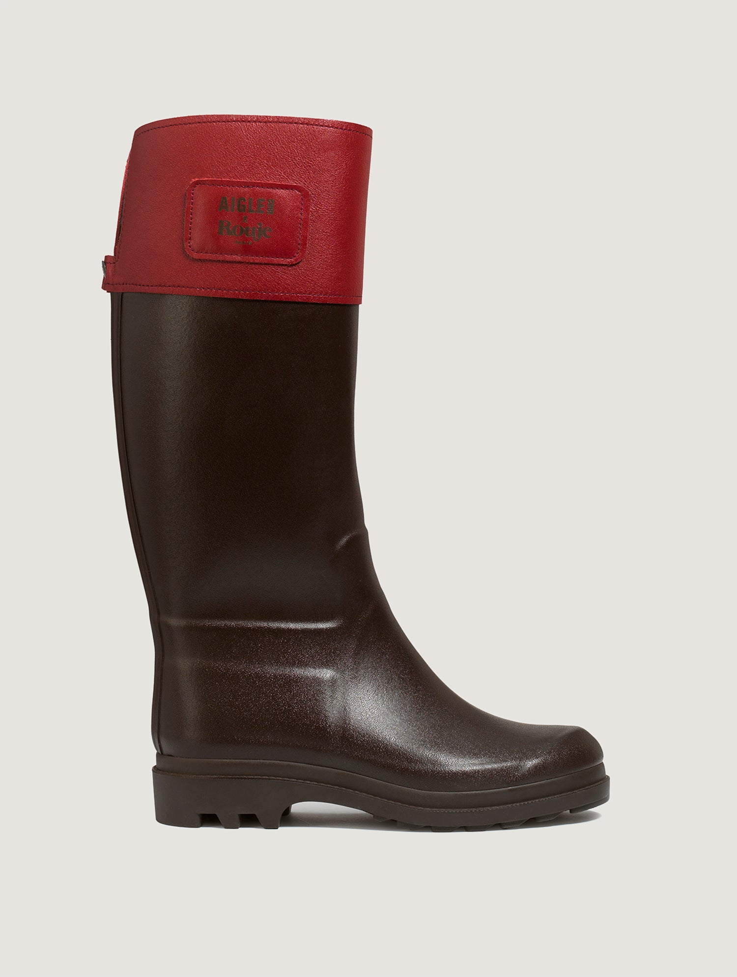 COTTAGE chocolate and red Aigle x Rouje rubber boots, flat packshot by Rouje