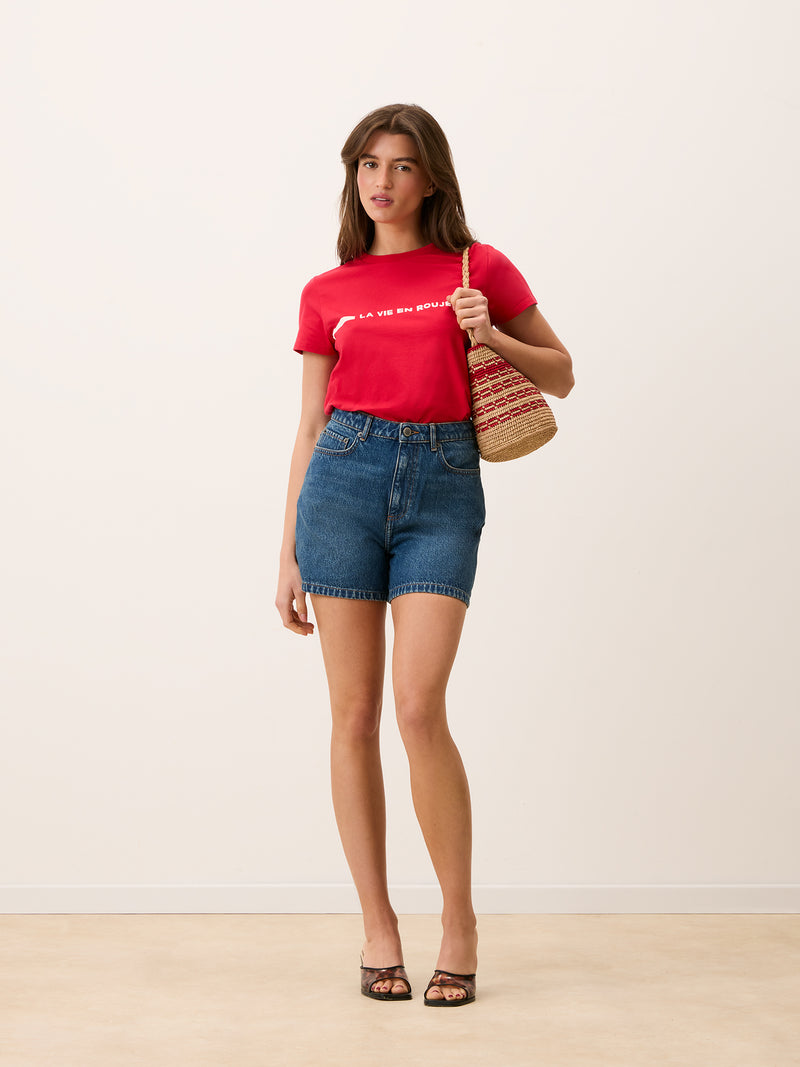 DOLLY T-shirt close-up detail of "La Vie en Rouge" print, red short-sleeve tee by Rouje