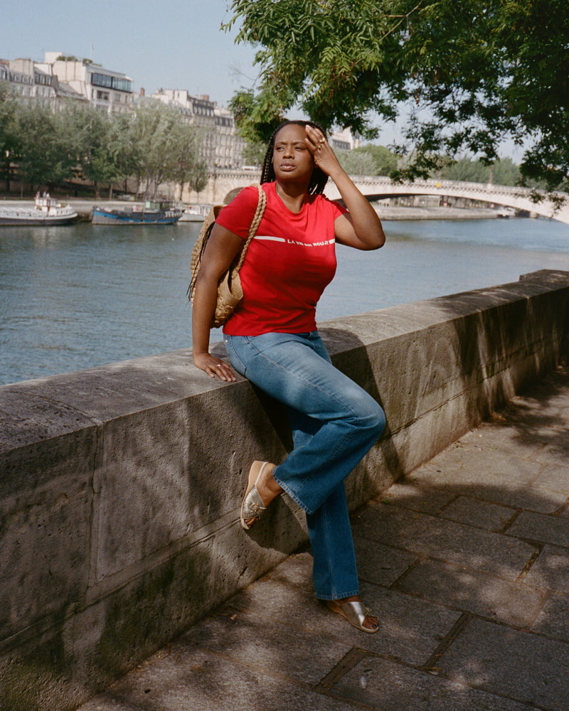 DOLLY T-shirt styled with Jacqueline mule, Rouje x Worishofer collaboration look