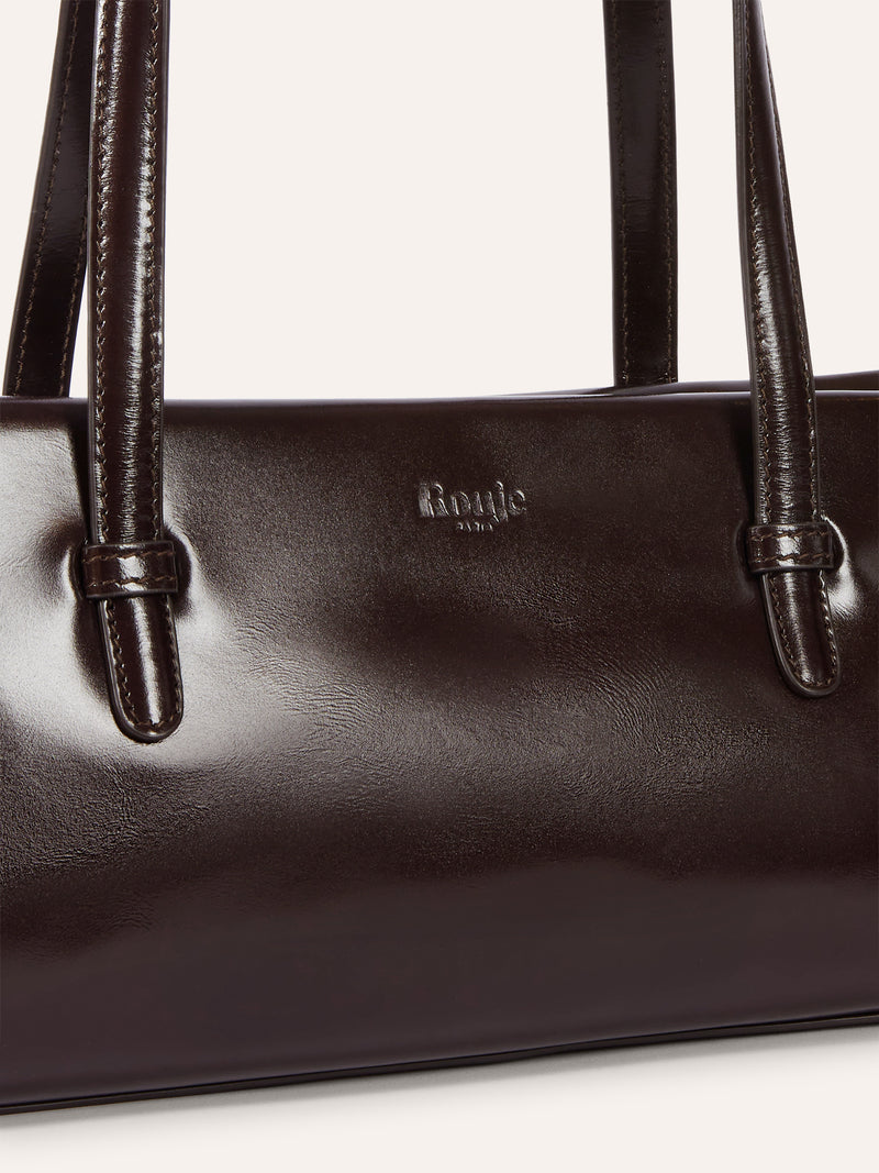 90's BAG coffee glazed leather bag, detail of Rouje logo by Rouje