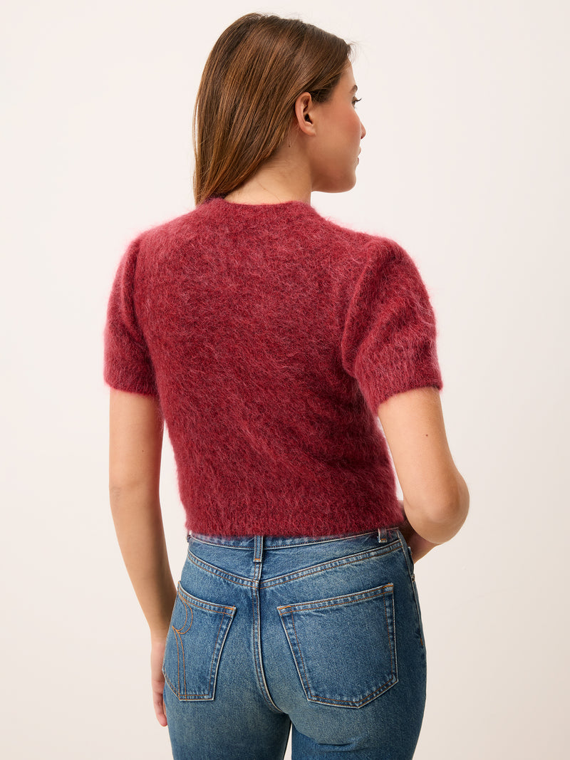 ABELINA red balloon-sleeve cardigan, back view by Rouje