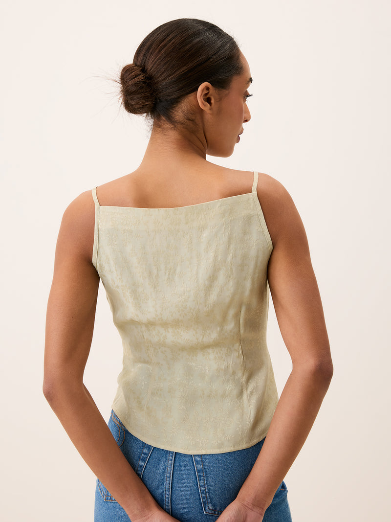 AIME beige strappy fitted buttoned top, back view by Rouje