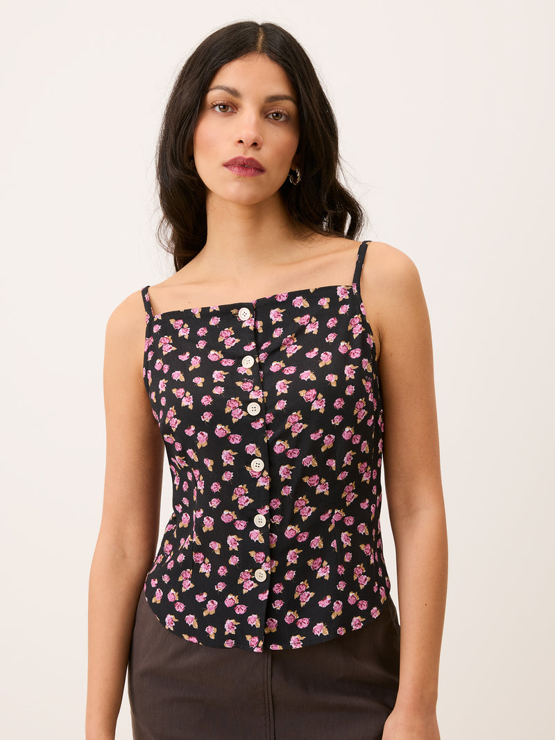 AIME black Parisian Beauty floral print strappy top, front view by Rouje
