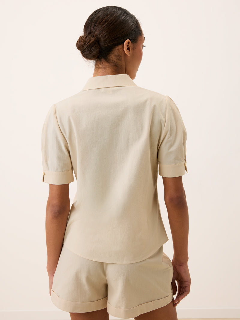 ALBANE ecru cotton balloon-sleeve shirt, detail of rounded hem by Rouje