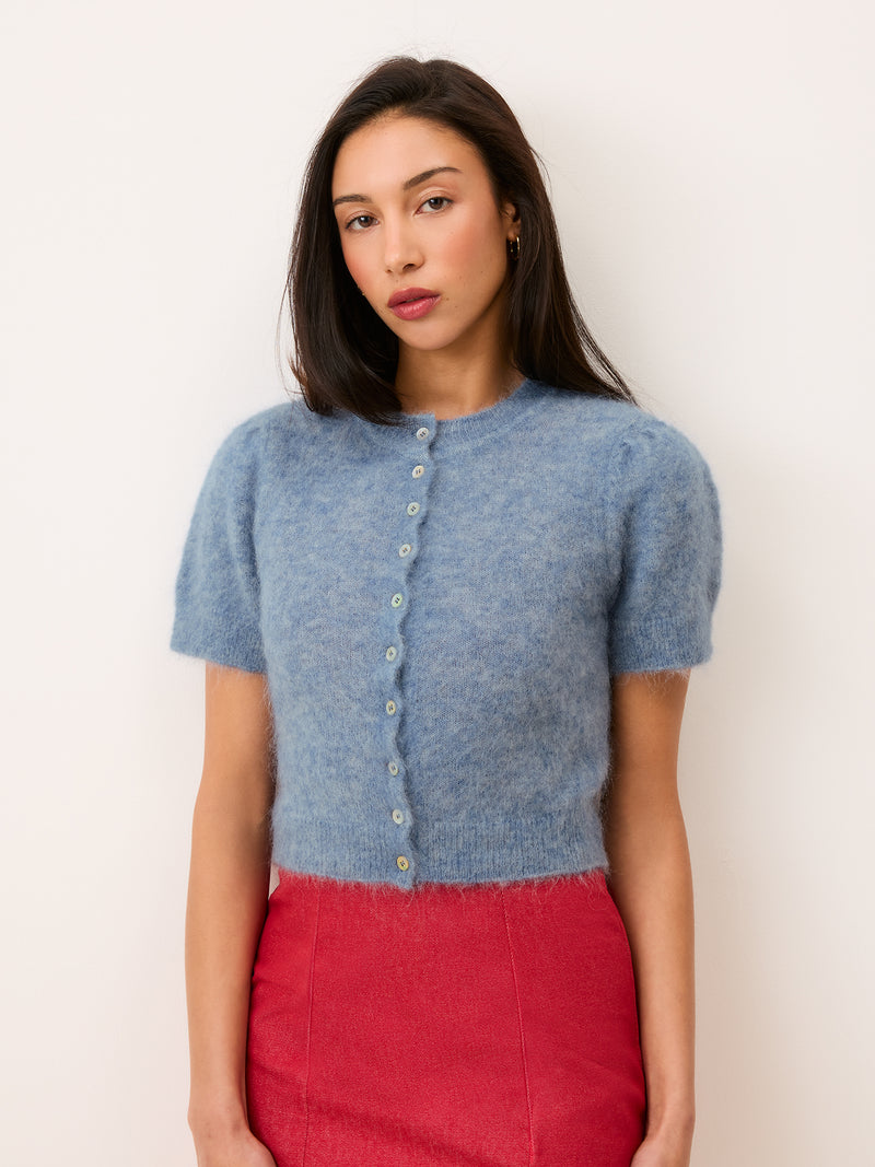 ABELINA blue balloon-sleeve cardigan, back view by Rouje