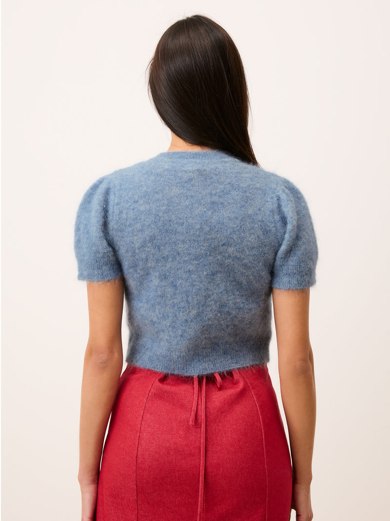 ABELINA blue balloon-sleeve cardigan, detail of mother-of-pearl button by Rouje
