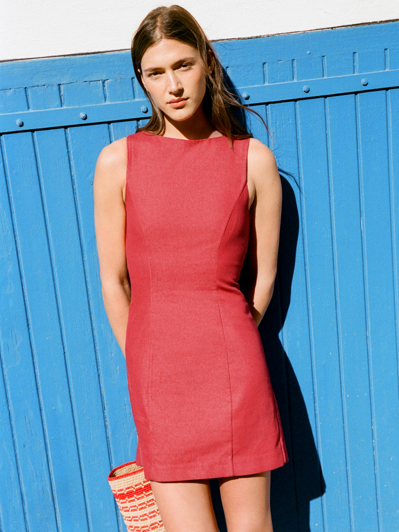 ALBERTA red denim lace-up dress, lifestyle view by Rouje