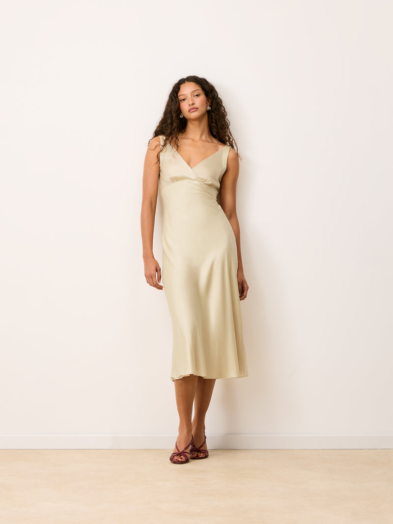 ALICE cream satin sleeveless midi dress, front view by Rouje