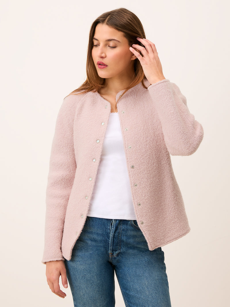 ANDREA pink bouclé jacket, detail of removable belt by Rouje