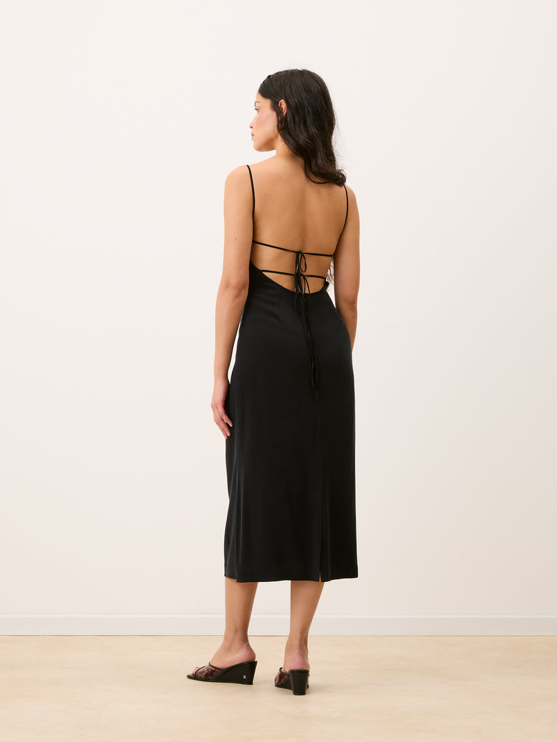 ANNICK black spaghetti strap midi dress, detail of thin straps by Rouje