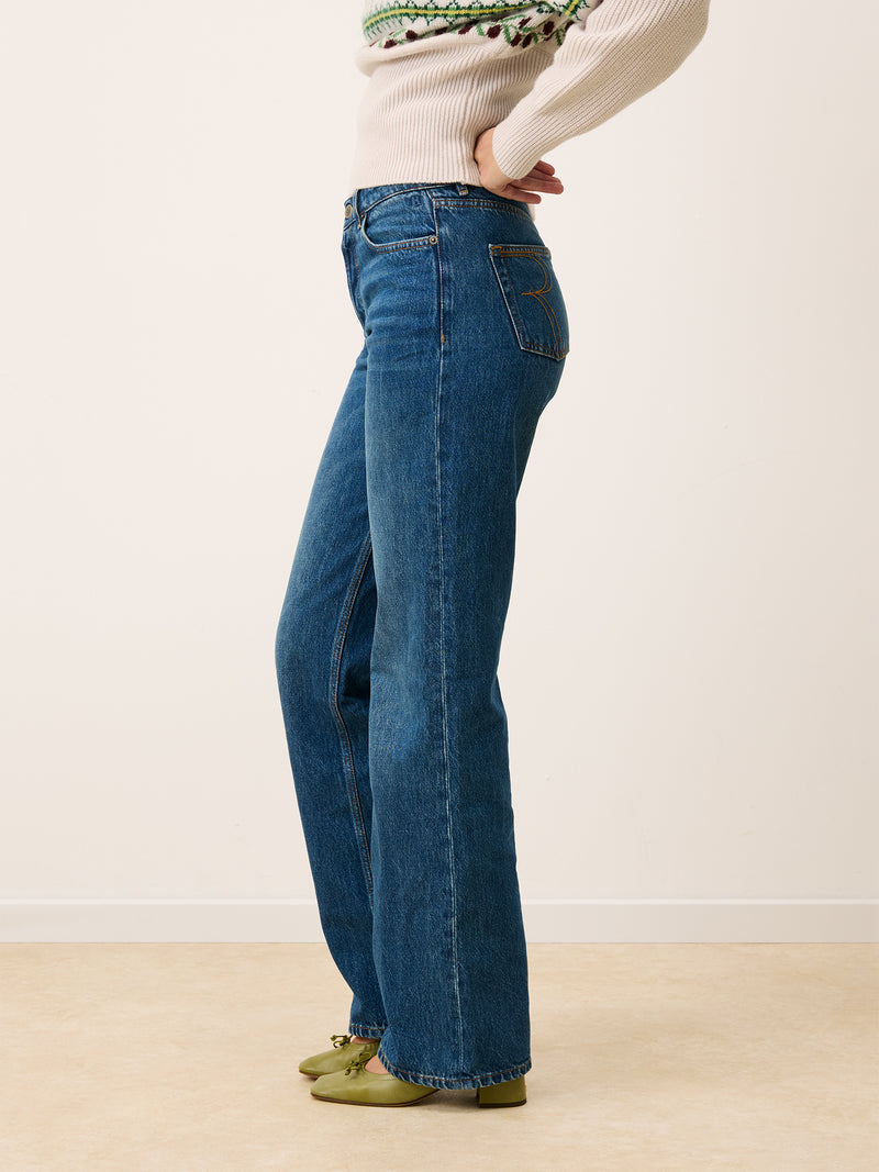 ANVERS indigo wide-leg jeans worn on a model by Rouje