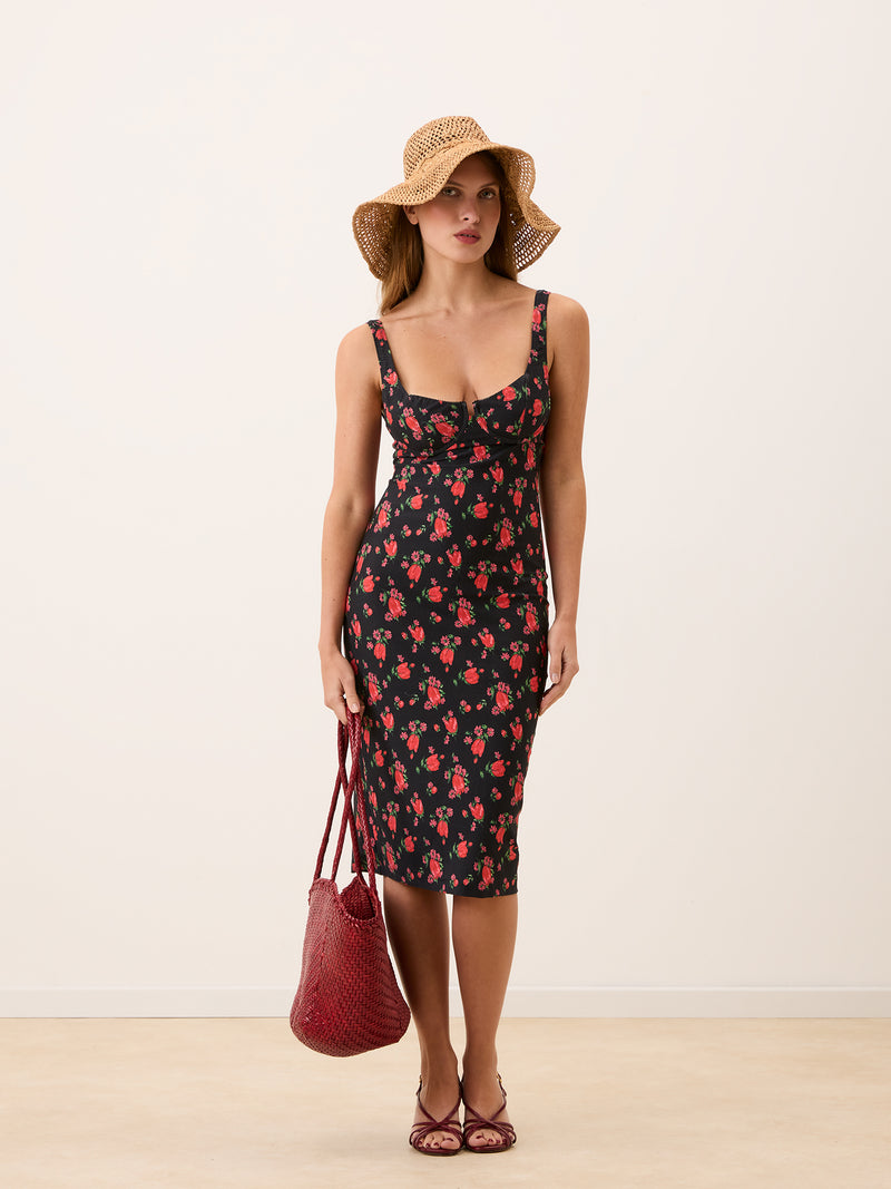 ARIELLE black floral midi dress, back view by Rouje