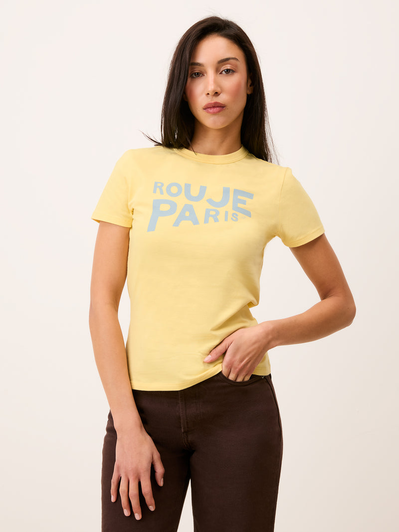 AURELIO lemon yellow logo T-shirt worn on a model by Rouje
