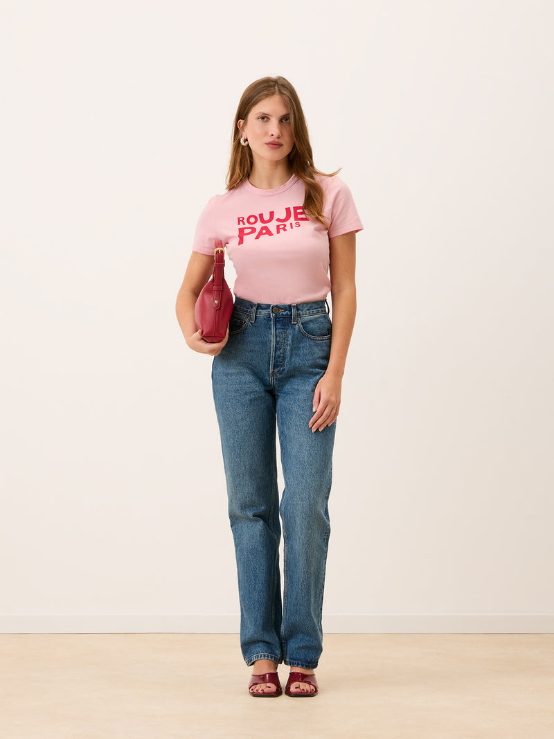 AURELIO pink Rouje Paris logo T-shirt worn on a model by Rouje