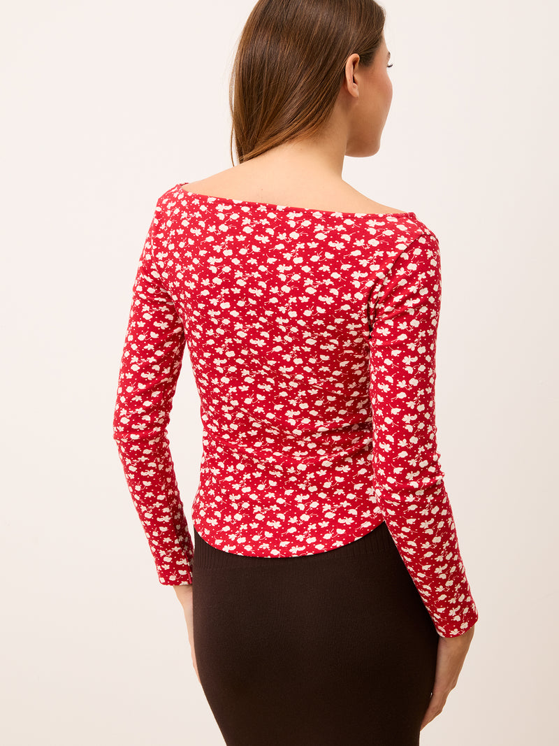 BEATA red sweet-pea print cotton top, back view by Rouje