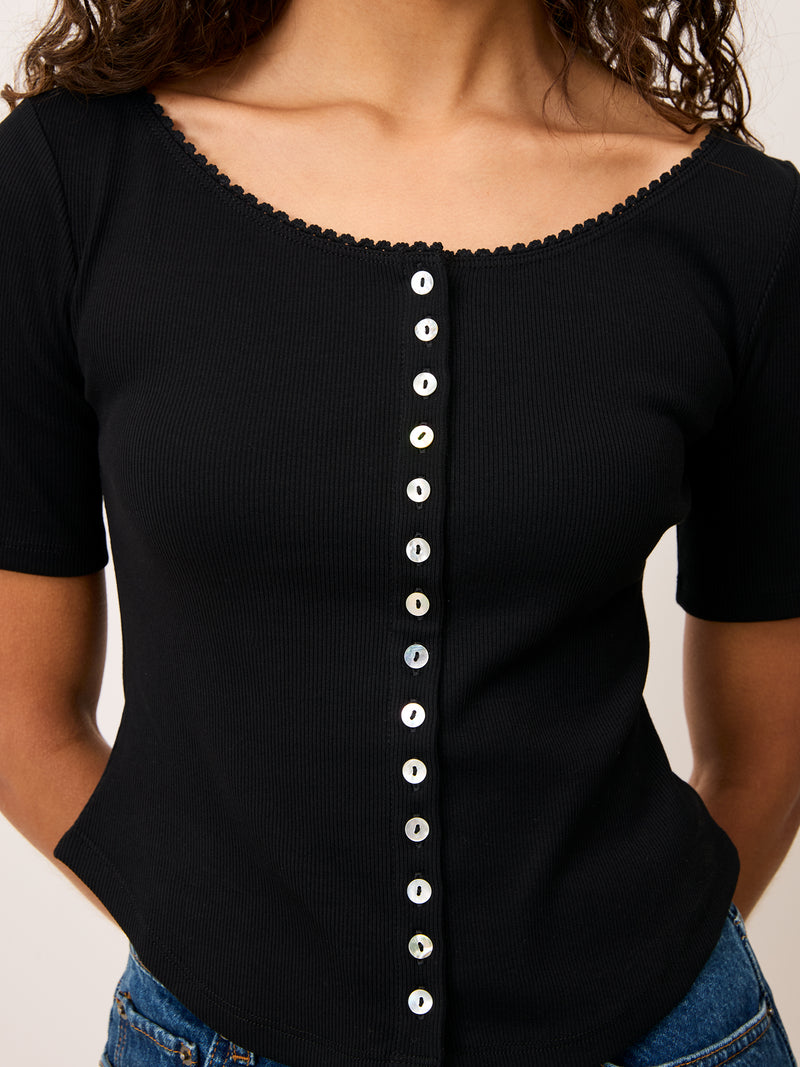 BEATI black cotton slim-fit cardigan, detail of pearly buttons by Rouje