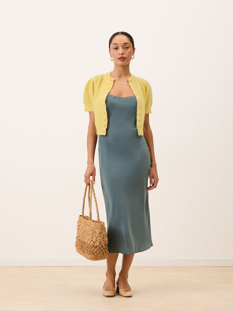 BERTILLE blue-gray long dress, detail of embroidered R by Rouje