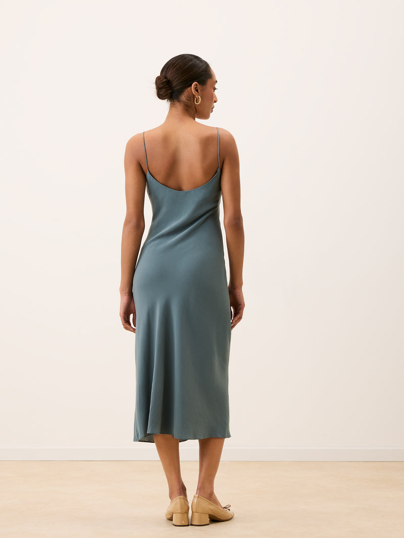BERTILLE blue-gray sleeveless long dress, back view by Rouje