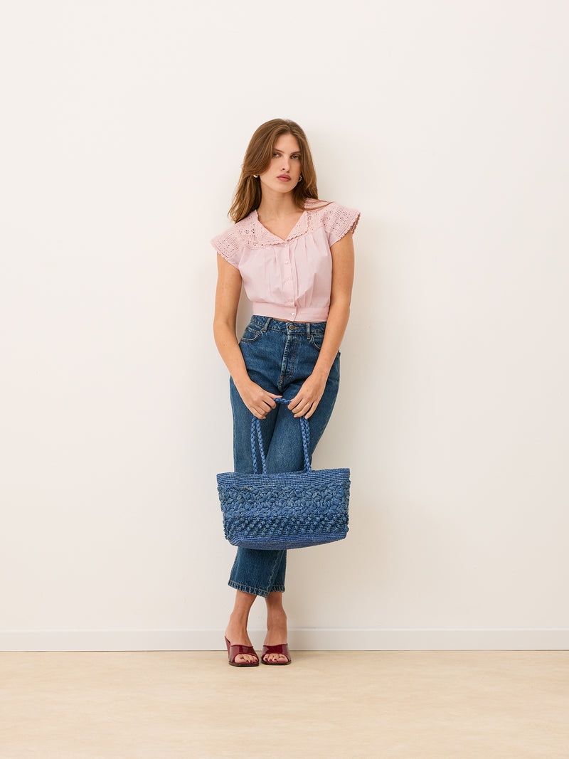 BETTY pink embroidered eyelet short-sleeve blouse, detail of embroidery by Rouje