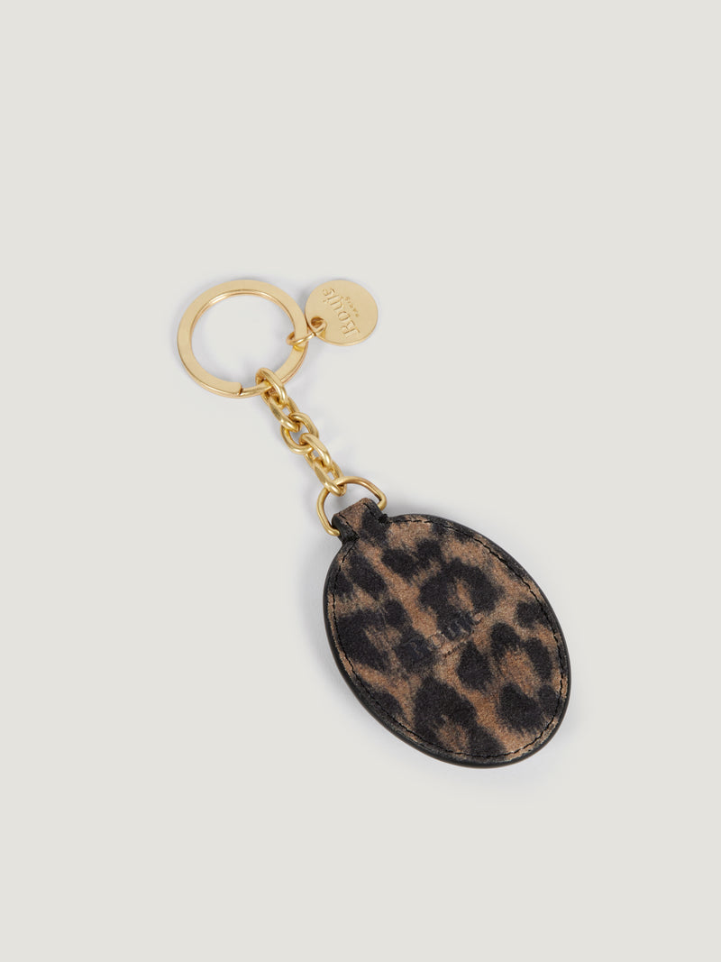 CHARME leopard print leather pocket mirror key ring, detail view by Rouje