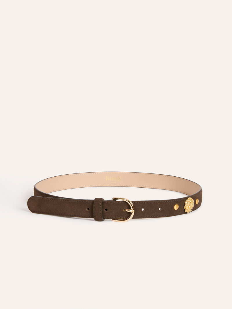 ROMANCE ebony brown thin suede leather belt worn on a model by Rouje