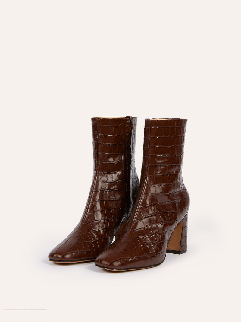 CLAUDIA chocolate crocodile leather ankle boots, side view by Rouje