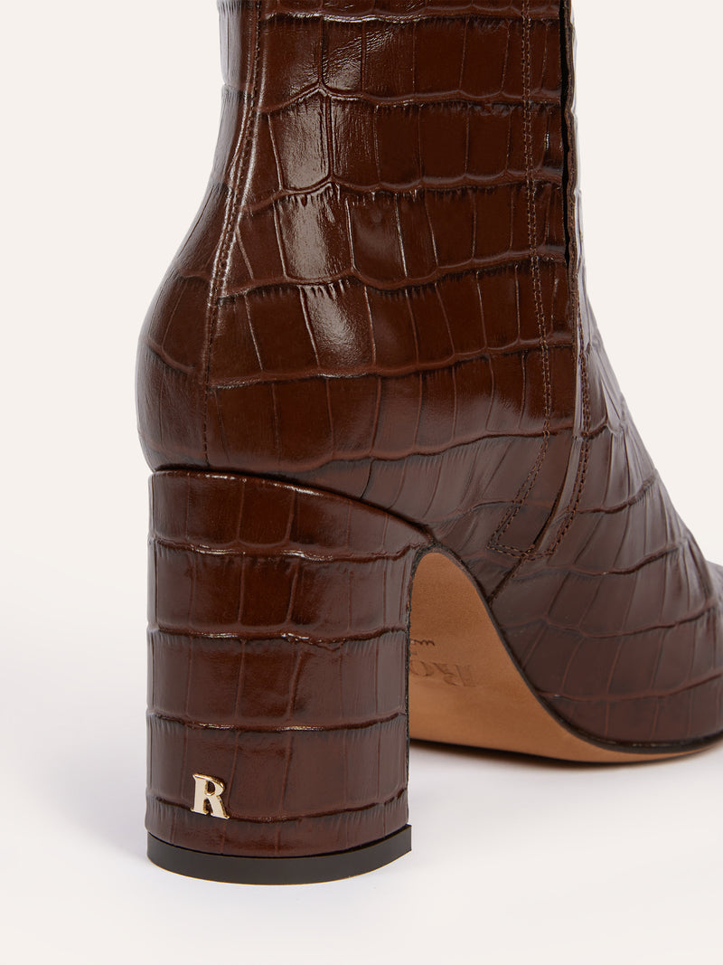CLAUDIA chocolate crocodile leather ankle boots worn on a model by Rouje