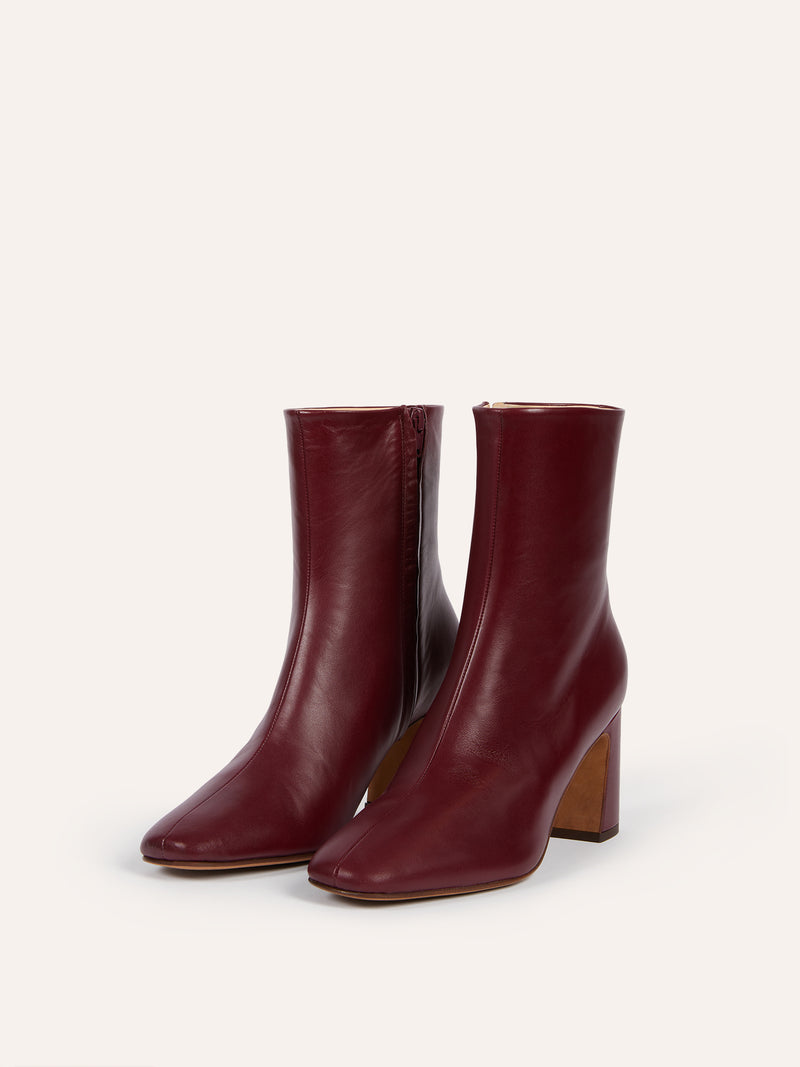 CLAUDIA burgundy leather ankle boots, side view by Rouje