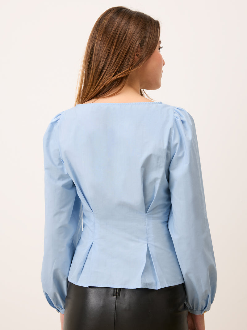 CLAUDINE sky blue belted shirt, detail of ruffles on shoulders by Rouje