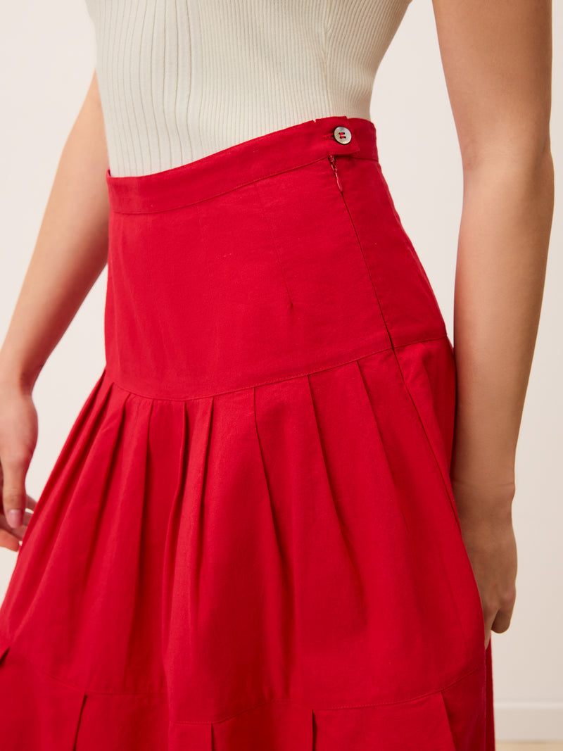 CORALINE red cotton ruffled midi skirt, back view by Rouje