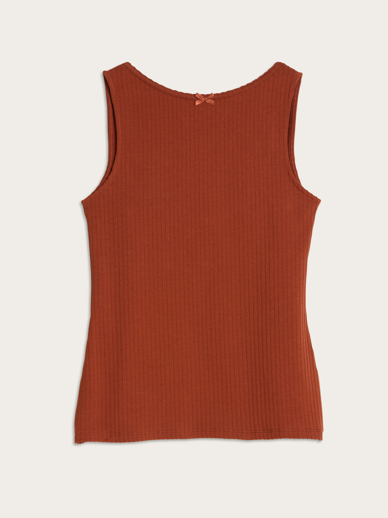 DAMIEN mahogany brown low-back ribbed jersey tank top, flat packshot by Rouje