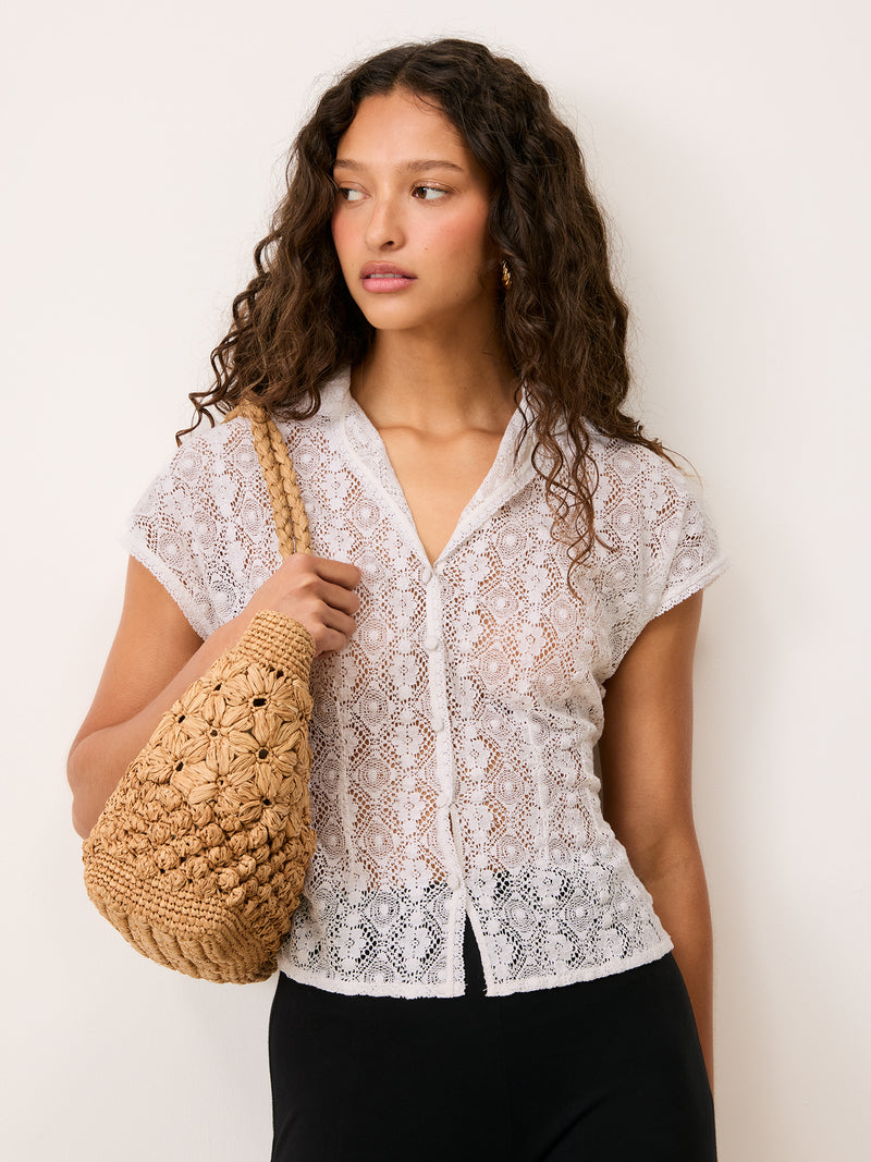 DANIELLE white lace guipure shirt, detail of sheer fabric by Rouje