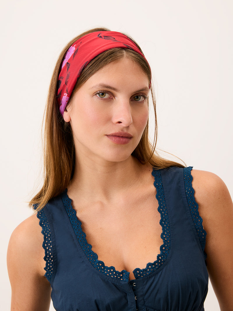 EDDY red floral flamenco print silk scarf, flat packshot by Rouje