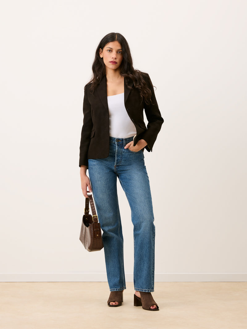 EDGAR coffee tone blazer jacket worn on a model by Rouje