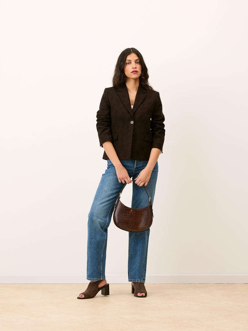 BABY BIG chocolate croc-effect leather small bag, flat packshot by Rouje