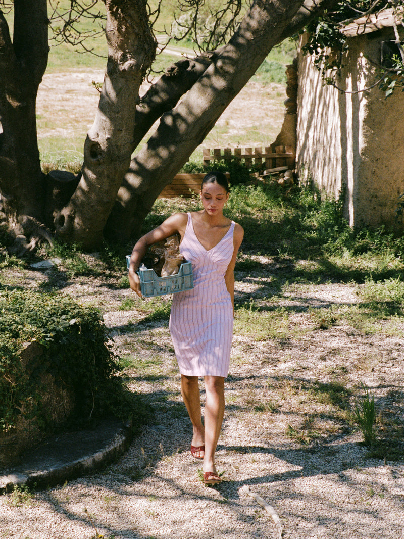 ELIANA pink striped midi dress by Rouje, lifestyle setting