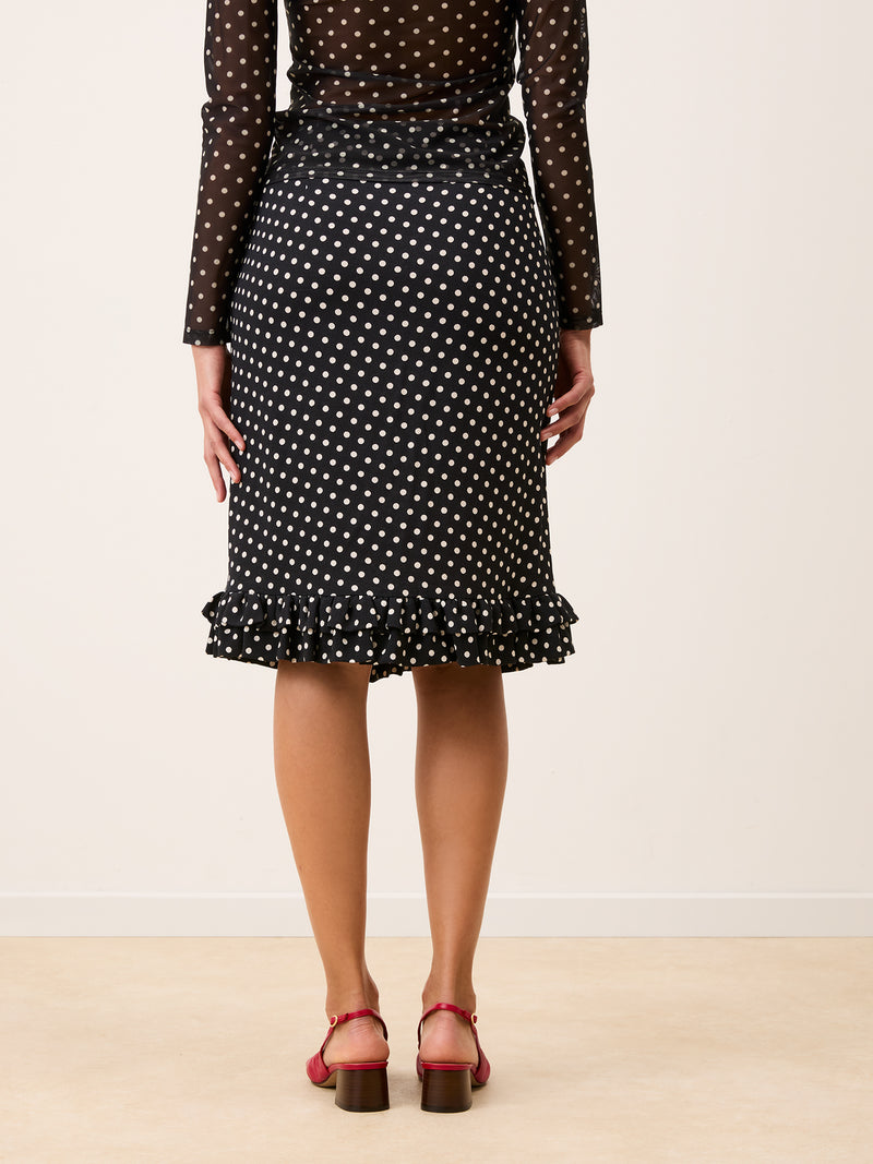 ELIETTE black polka-dot crepe skirt, detail of double ruffles at hem by Rouje