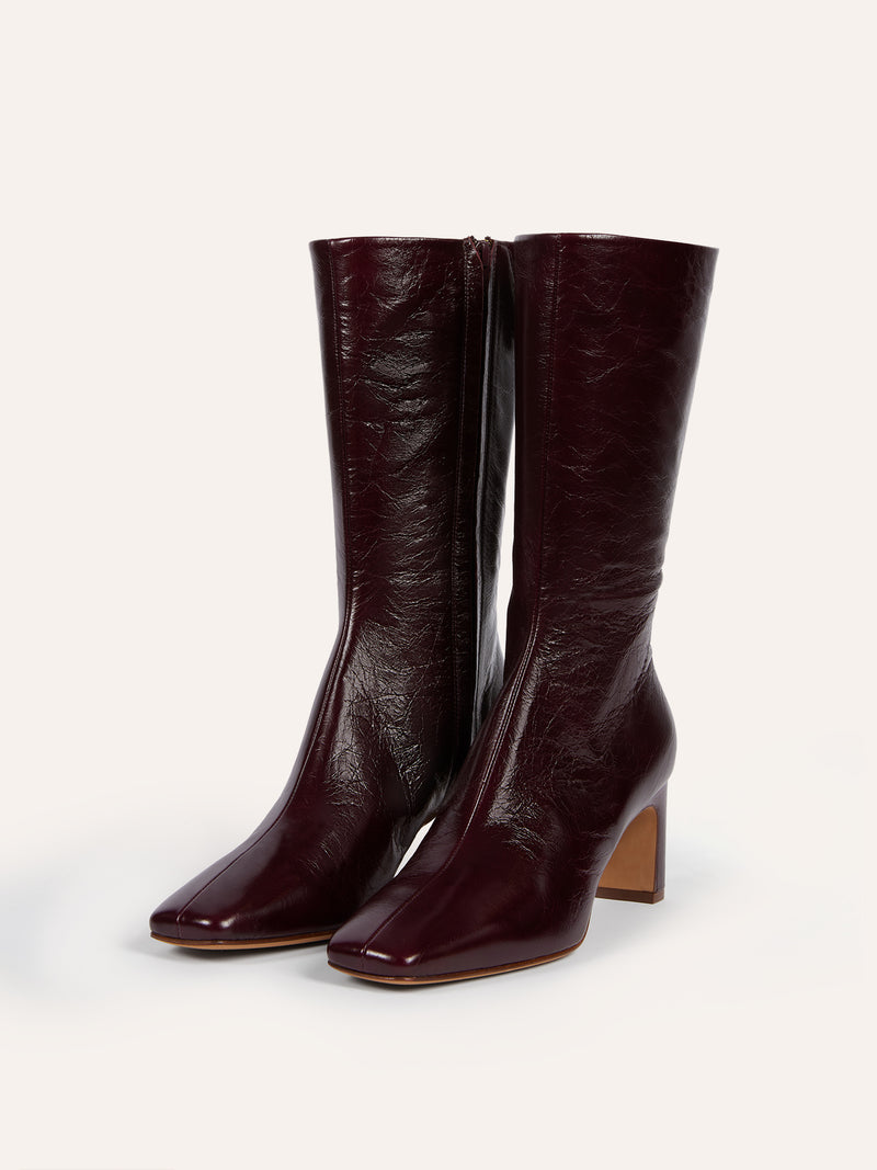 ELSA aged burgundy leather ankle boots, side view by Rouje