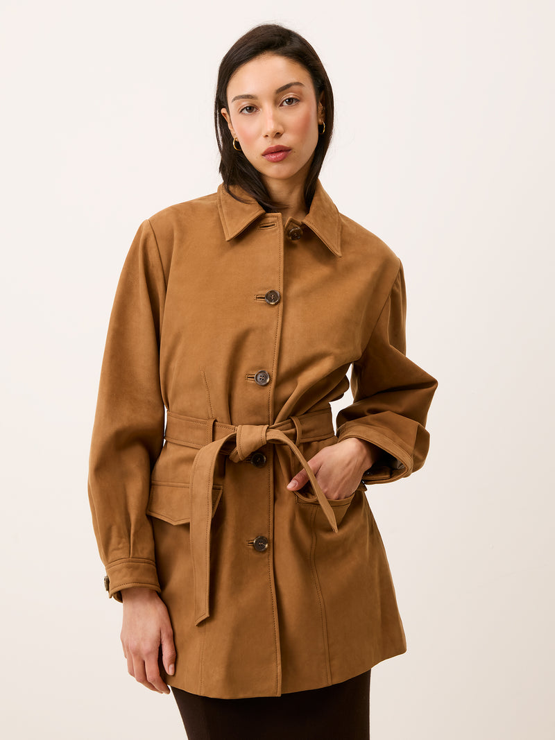 EMILIO camel suede mid-length safari jacket, front view by Rouje