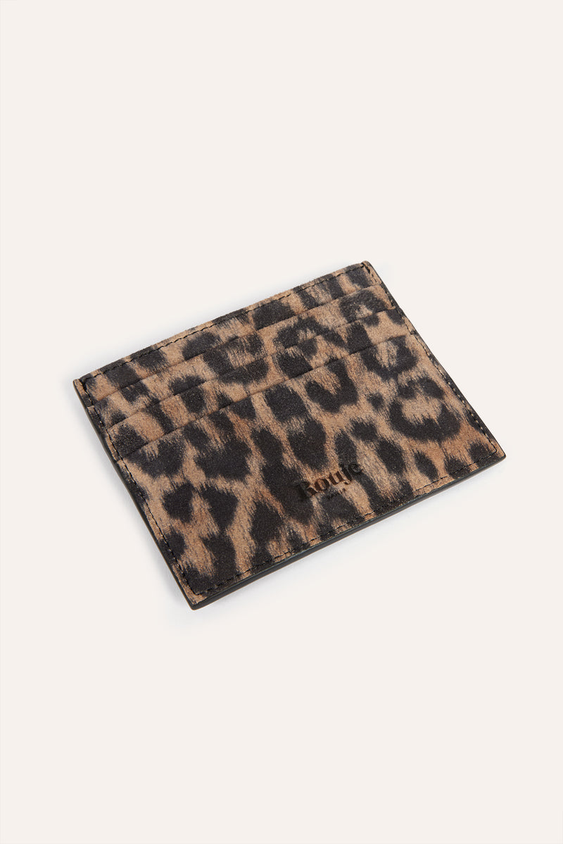 ESPRESSO leopard print leather card holder, detail view by Rouje