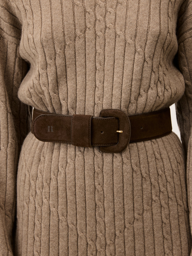 ETREINTE wide ebony brown suede belt, detail of embossed R by Rouje