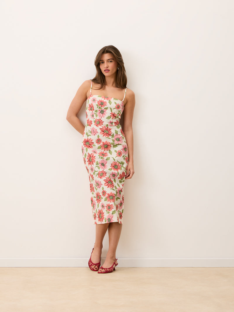 EVY ecru Sunflower floral midi dress, back view by Rouje