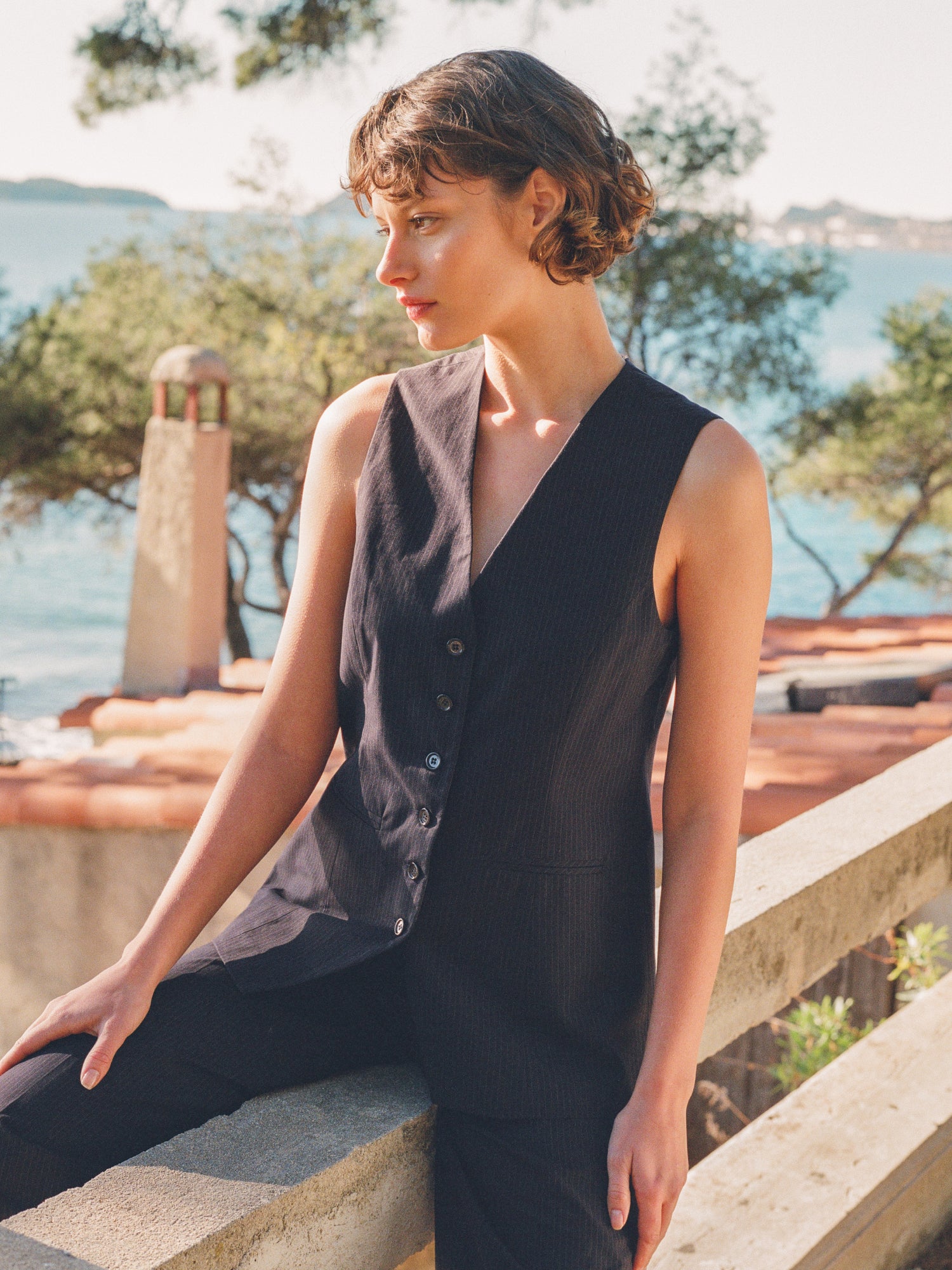 FABRICE black pinstripe tailored vest jacket, flat packshot by Rouje