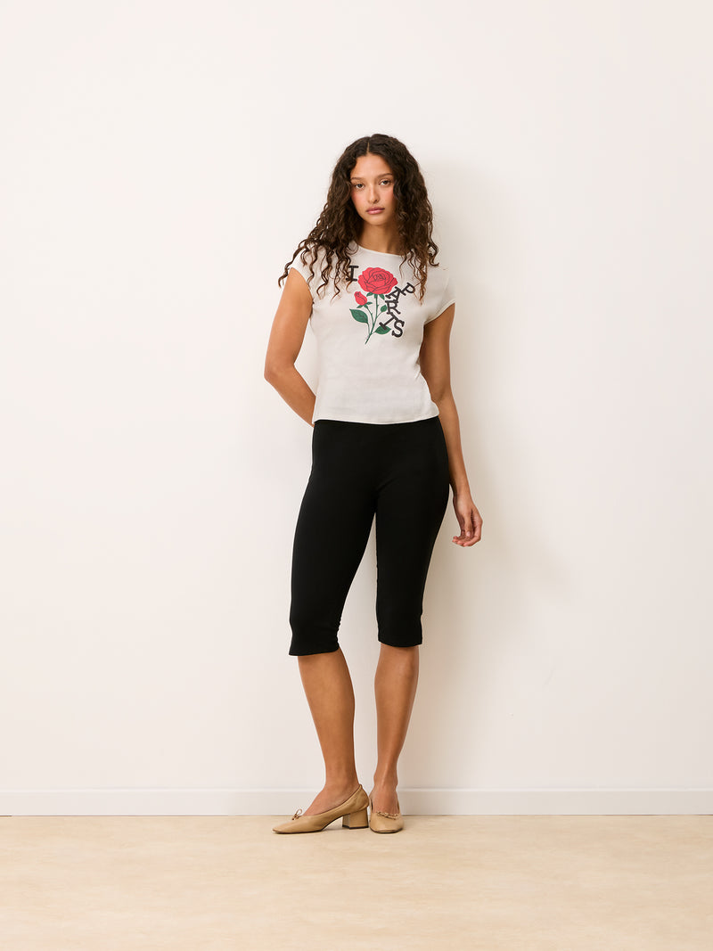 Fergus white printed T-shirt worn by a model, full-length front view