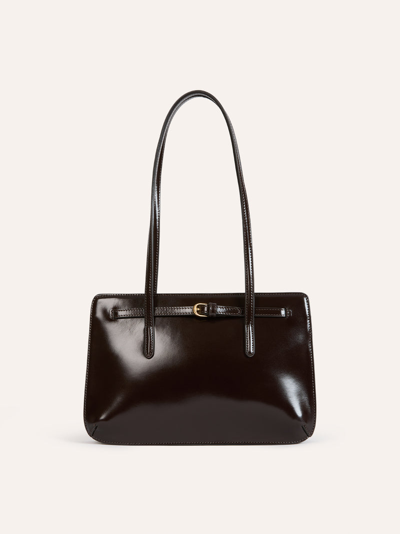 FIANCE cafe brown glazed leather handbag with double strap, front view by Rouje