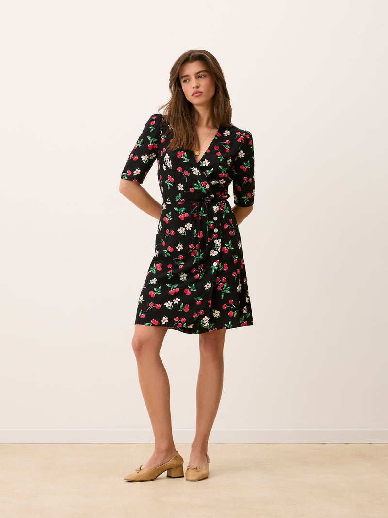 GABINETTE black print short wrap dress, side view by Rouje