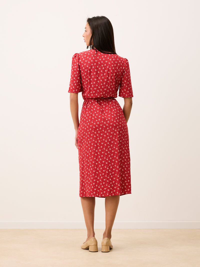 GABIN red print midi wrap dress, detail of ruffles on shoulders by Rouje