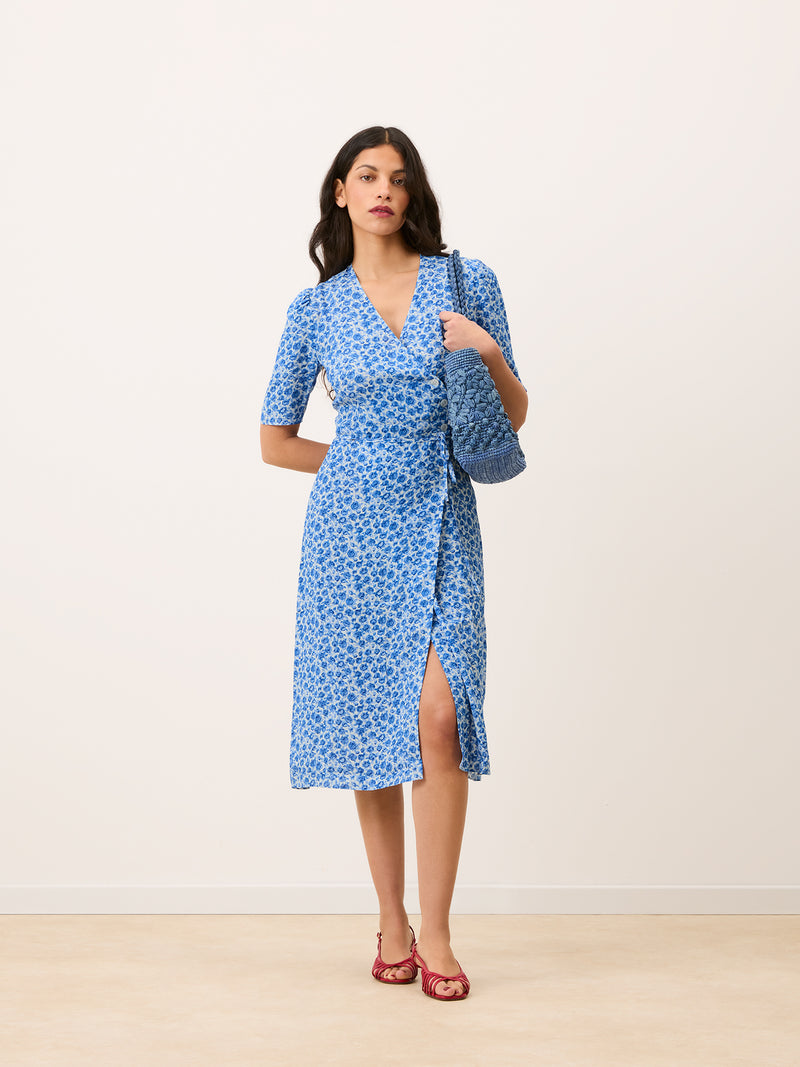GABIN blue Rose Radieuse floral wrap midi dress, back view by Rouje