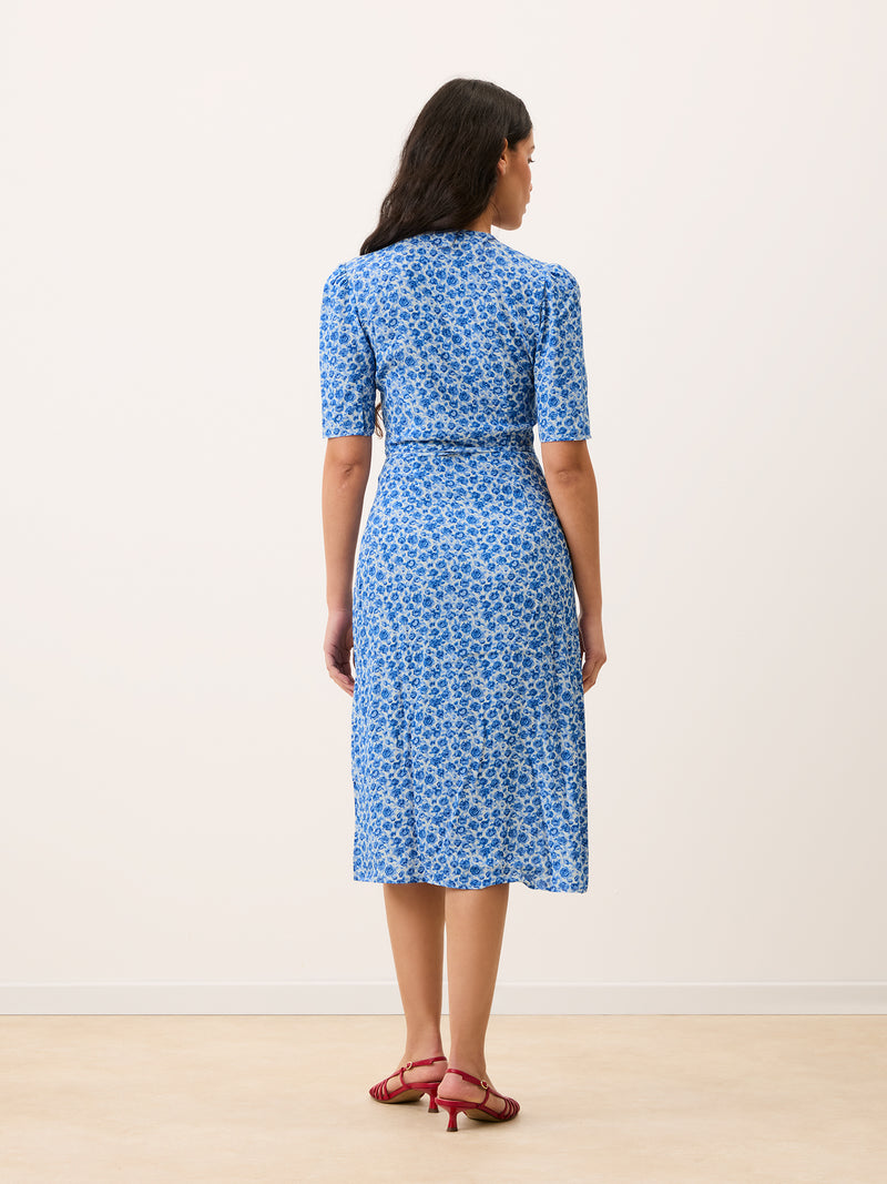 GABIN blue floral wrap midi dress, detail of buttons by Rouje